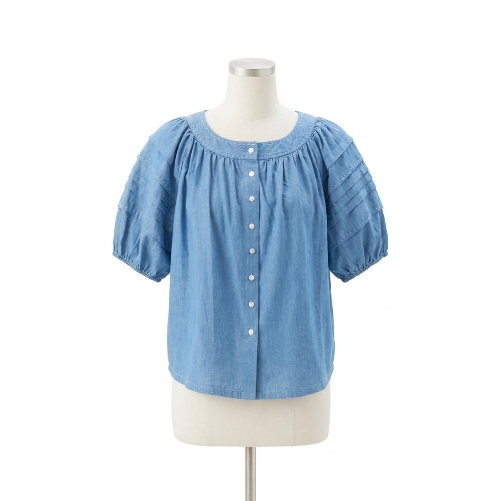 NEW FIFTEEN TWENTY shay contrast stitch peasant top in chambray